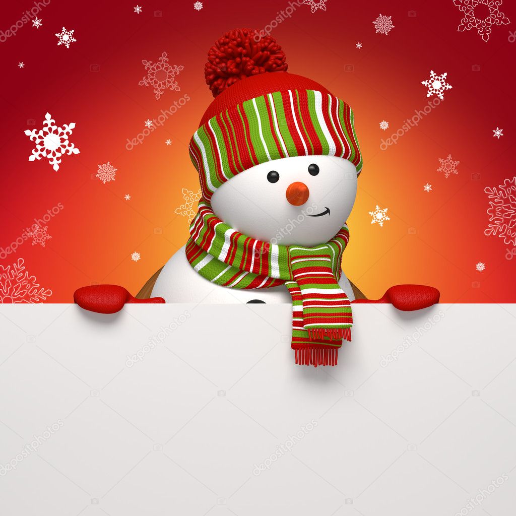 Snowman holding message banner. Christmas greeting