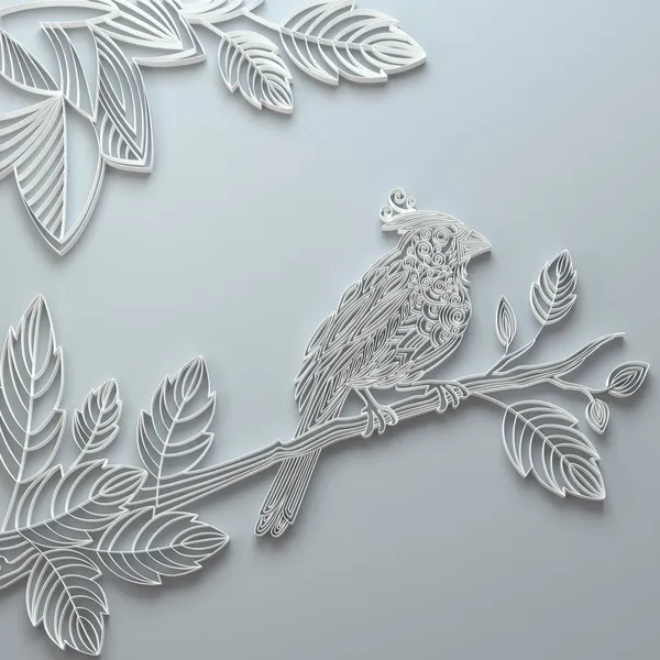 Biały ozdobny papier, quilling pozdrowienie ptak — Zdjęcie stockowe