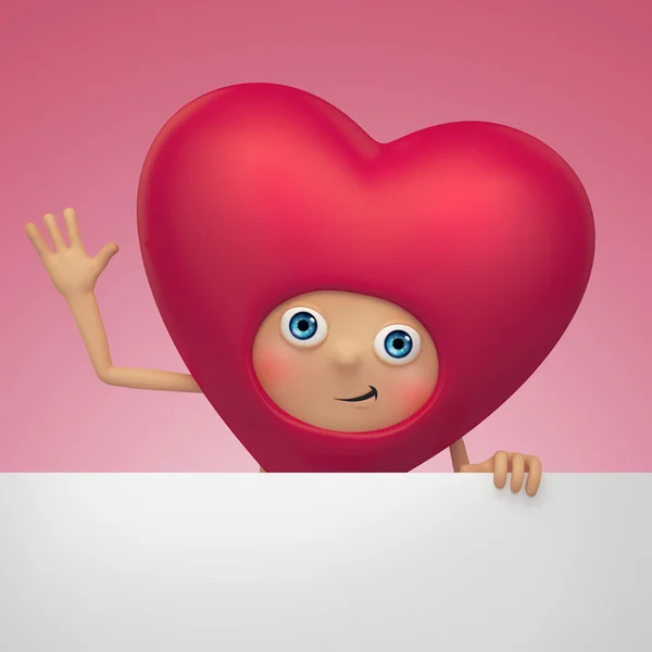 Desenhos animados coração vermelho engraçado segurando banner rótulo em branco. Dia dos Namorados cartão de saudação — Fotografia de Stock