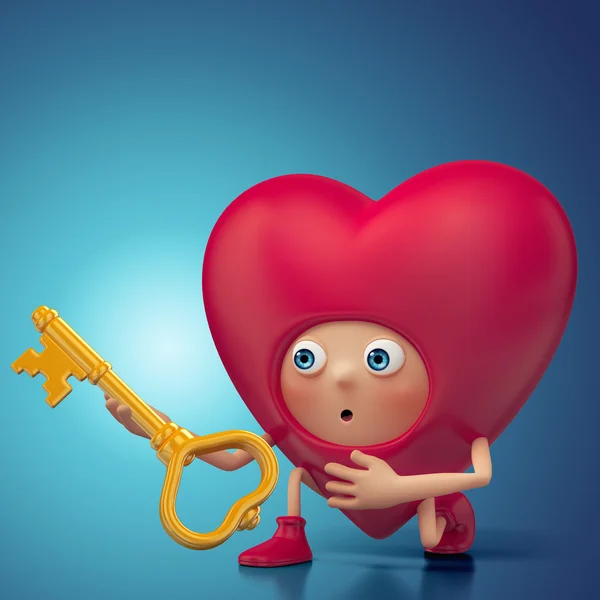 Funny amazed 3d Valentine heart cartoon holding key. Valentine Day greeting card — Stock Photo, Image