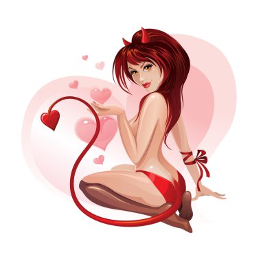 Şeytan kostümlü güzel seksi Sevgililer kız