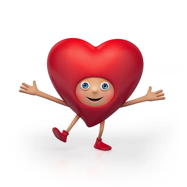 Glücklich tanzend rotes Herz Karikatur isoliert auf weißem Hintergrund. — Stockfoto