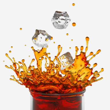 Splashing drink, glass, falling ice cubes