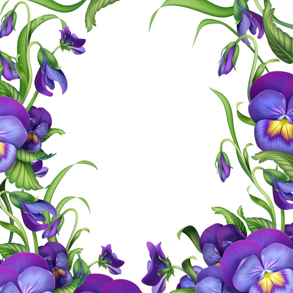 Moldura floral com folhas verdes e flores de viola fronteira — Fotografia de Stock