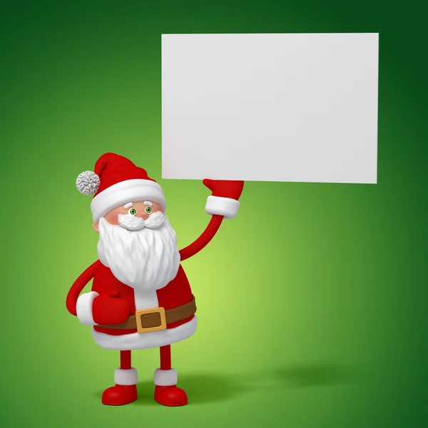 Cute funny 3d Santa Claus cartoon standing and holding blank message banner — Stock Photo, Image