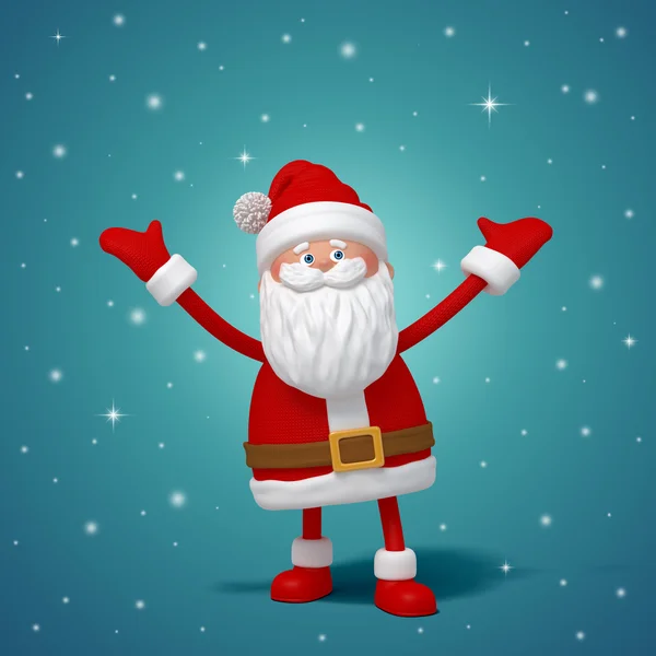 Симпатичный забавный трехмерный мультфильм про Санта-Клауса стоя, руками вверх — стоковое фото