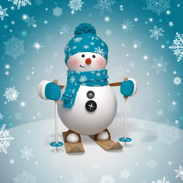 3d Christmas cartoon character, skiing snowman — Stock Photo, Image