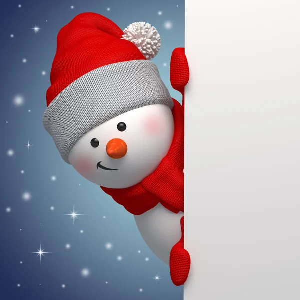 Cute funny snowman holding white page, 3d character, hiding behind the corner — Stock Photo, Image