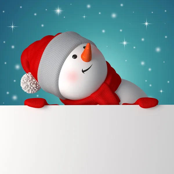 3d snowman holding blank Christmas banner — Stock Photo, Image