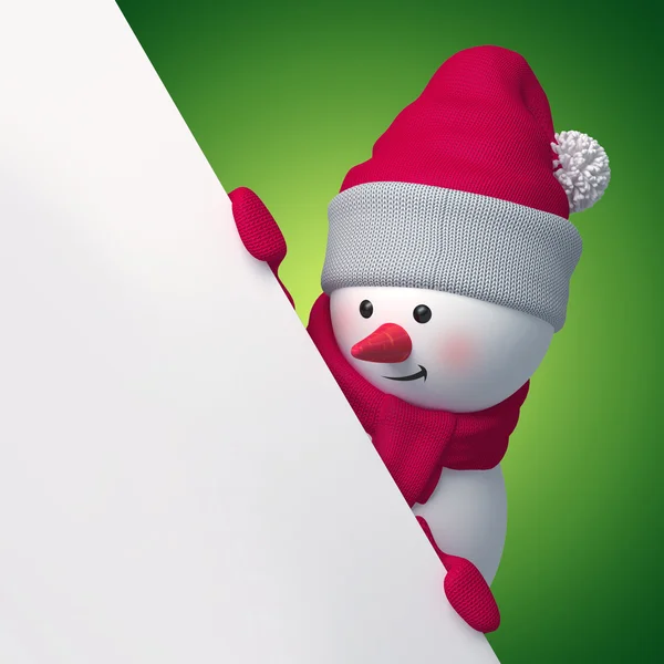 Snowman holding blank page behind the corner — Stock Photo, Image