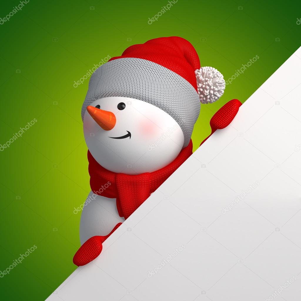 Snowman holding blank page behind the corner