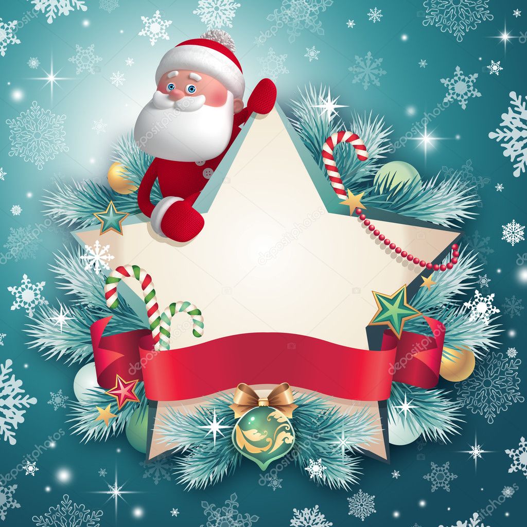 3d Santa Claus holding Christmas star banner