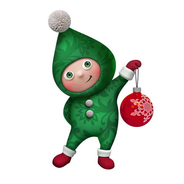 Christmas Santa elf holding glass ball — Stock Photo, Image