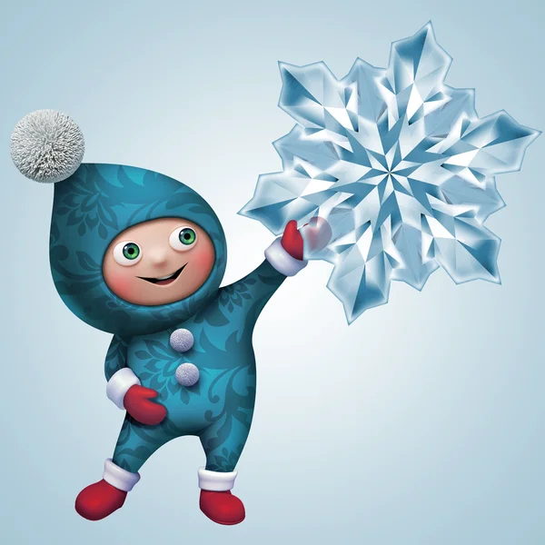 Pequeno elfo personagem segurando floco de neve — Fotografia de Stock