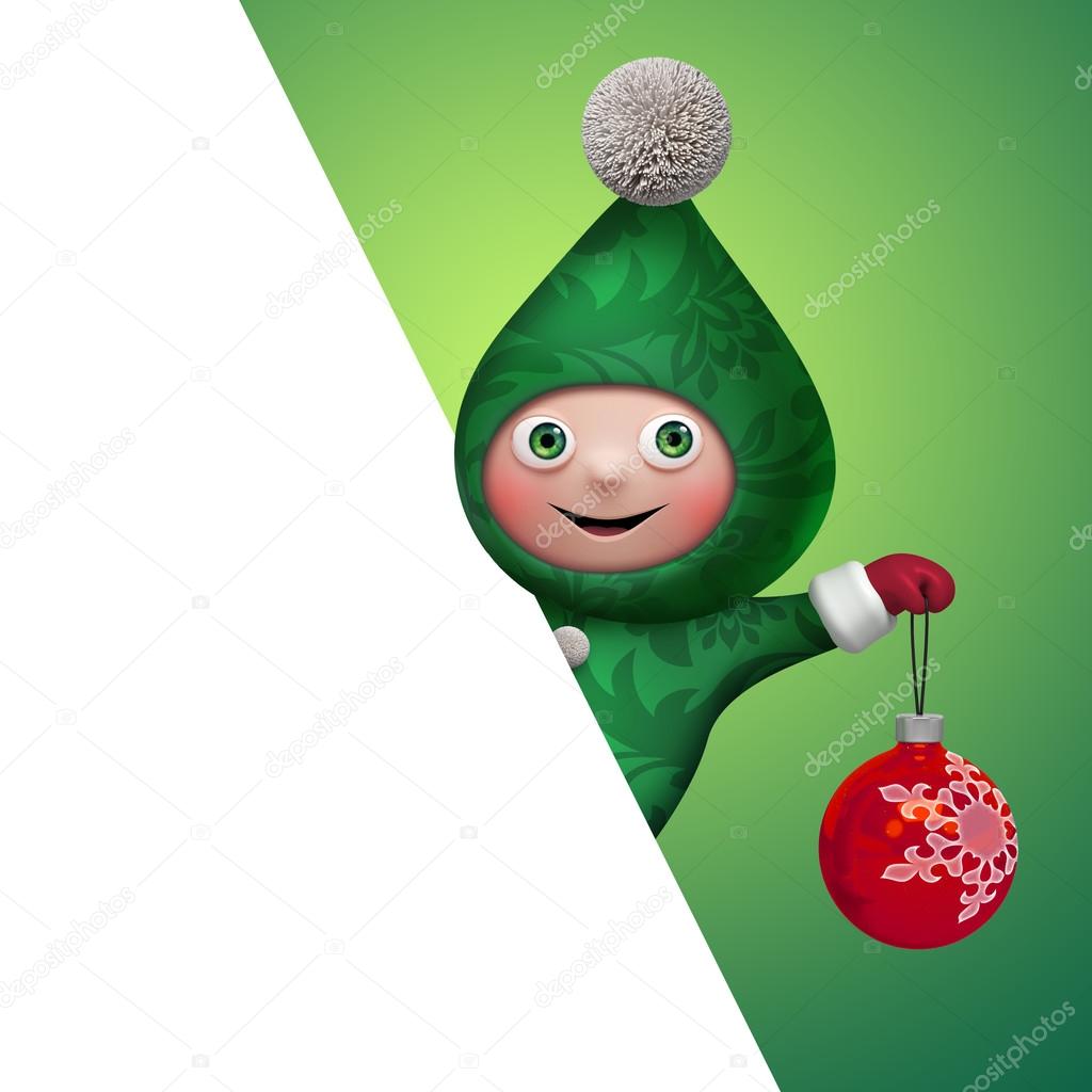Christmas Santa elf holding glass ball