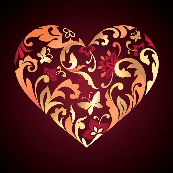 Ημέρα του Αγίου Βαλεντίνου ευχετήρια κάρτα με χρυσή floral καρδιά σχήμα που απομονώνονται σε μαύρο — Φωτογραφία Αρχείου