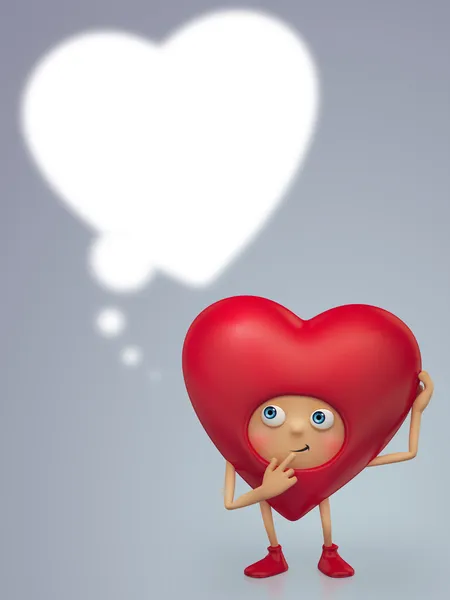 3d lindo corazón divertido personaje de dibujos animados con el pensamiento globo — Foto de Stock