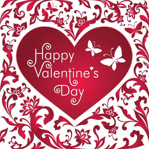 Carton rouge Saint-Valentin avec texte de vœux, forme de coeur coupé floral blanc — Photo