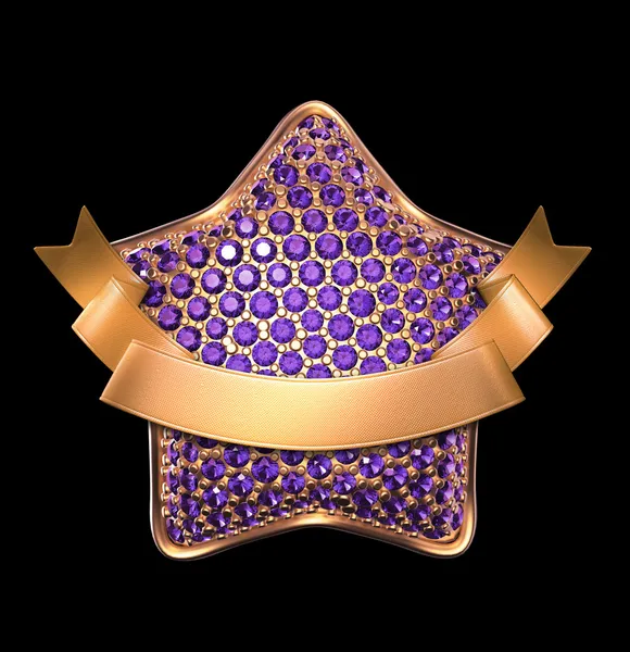 3D goldener Stern mit violetten Kristallen — Stockfoto