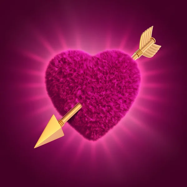 3d peloso cuore rosa trafitto con freccia d'oro — Foto Stock
