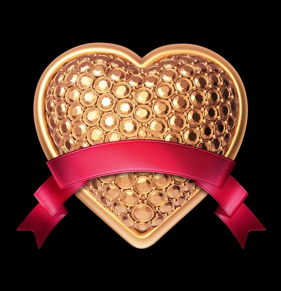 3D λαμπερό χρυσό bedazzled καρδιά με κόκκινη κορδέλα ετικέτα — Φωτογραφία Αρχείου
