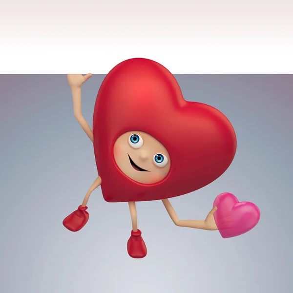 3D słodkie serce śmieszne kreskówka z pusty transparent — Zdjęcie stockowe