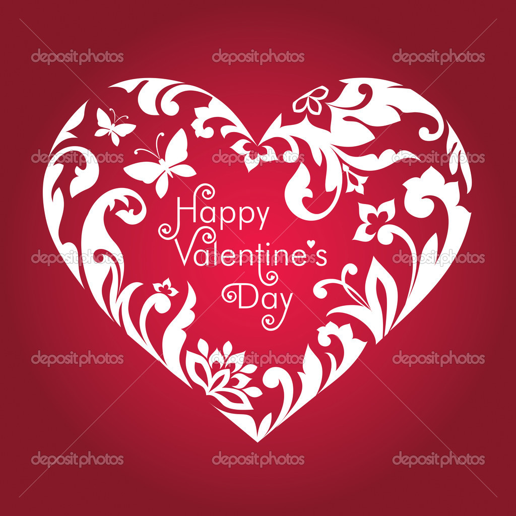 Valentine's day red card with greeting text, white floral cut heart shape