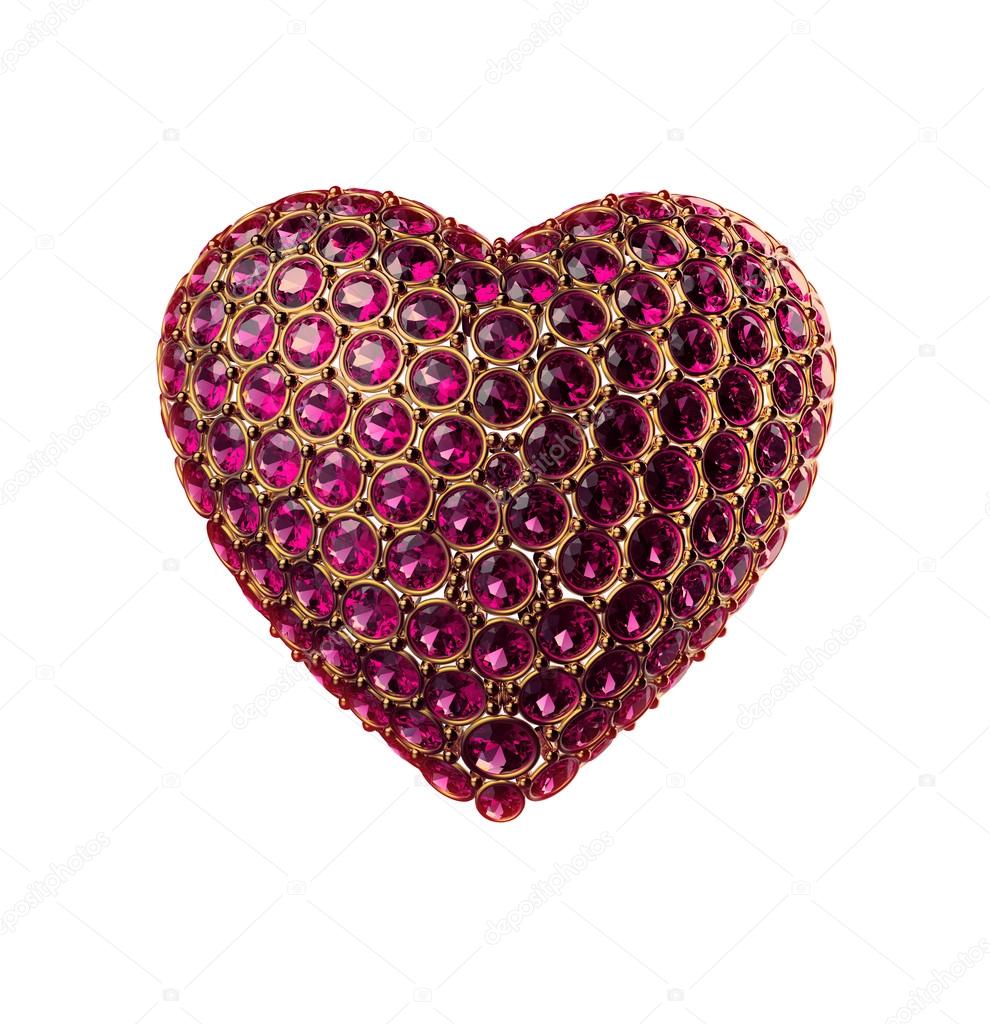 Golden heart symbol with ruby gems, crystals, jewels