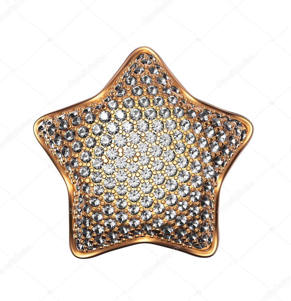 Golden star symbol with diamonds, clear crystals, gems, jewels