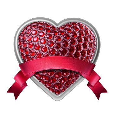 Ruby on Rails kristaller ve kırmızı kurdele etiketi ile 3D gümüş kalp