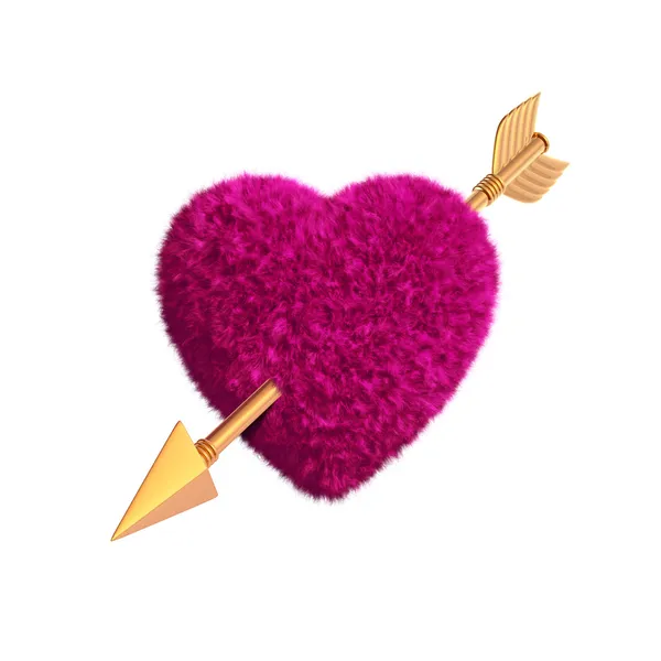 3d corazón rosa peludo perforado con flecha de oro — Foto de Stock