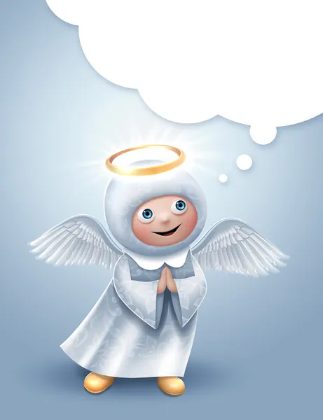 Cute praying angel character with blank talking balloon — Stock Photo, Image