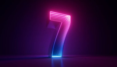 3D render, yedi numara, dijital sembol, pembe mavi neon ışık karanlıkta parlıyor.