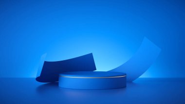 3D görüntüleme, soyut modern minimal mavi arkaplan, boş silindir podyum, boş kaide, dükkan ürünü sergisi, vitrin, yuvarlak sahne. Kağıt kurdeleler