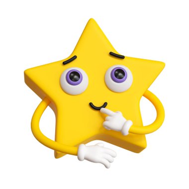 3D canlandırma, soyut duygusal yüz simgesi, beyaz arkaplanda izole edilmiş sarı emotikon klipsi. Sevimli çizgi film karakteri çizimi, komik zeki maskot düşüncesi, basit emoji, aptal yıldız oyuncağı.