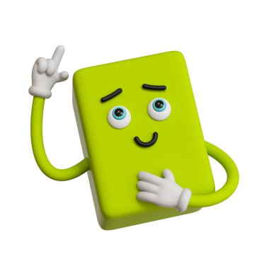 3D canlandırma, soyut duygusal yüz simgesi, beyaz arkaplanda izole edilmiş yeşil simge klipsi. Sevimli çizgi film karakteri çizimi, komik zeki canavar, emoji, aptal kübik oyuncak, fikir konsepti