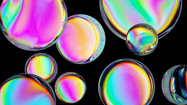 Render Abstract Colorful Glass Balls Iridescent Spectrum Bubbles Isolated Black — Stock Photo, Image
