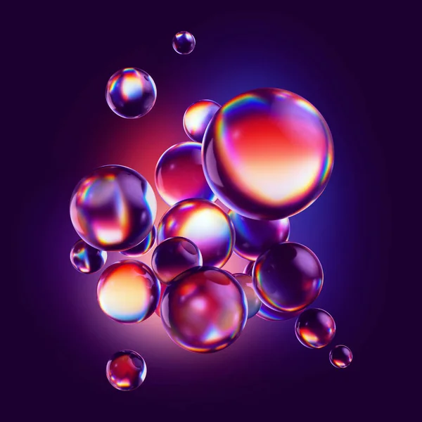 三维渲染 紫色背景 带有抽象的彩色玻璃球或在紫外线霓虹灯下发光的发光气泡 — 图库照片