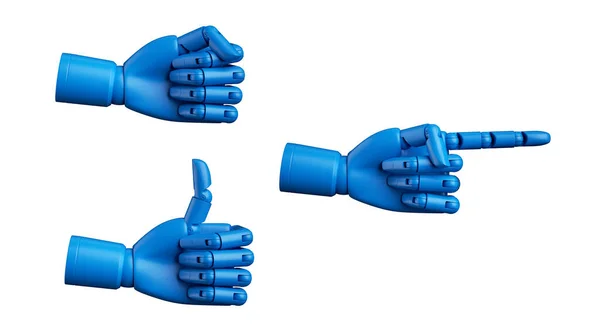 3D渲染 蓝色假人手 机械机器人机械手 一组在白色背景上隔离的各种手势 把手指朝上 指指点点人工身体部分假肢 — 图库照片