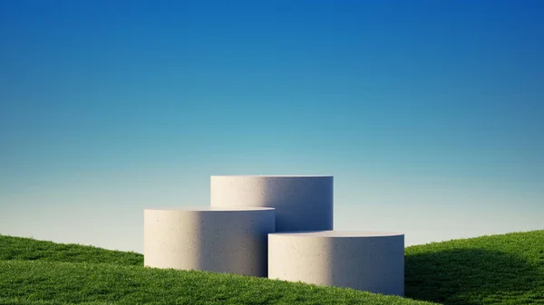 3Dレンダリング 抽象的なパノラマの背景 青い空の下で緑の丘や空のコンクリートの台座と最小限の風景 現代最小ショーケースシーン — ストック写真