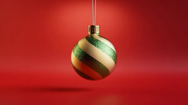 Render Weihnachtsgrußkarte Mit Hängender Glaskugel Isoliert Auf Rotem Hintergrund Moderne — Stockfoto