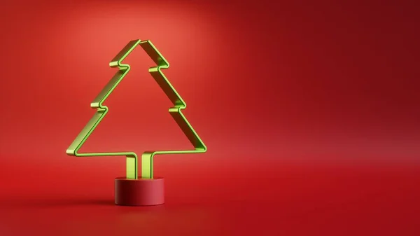 3D渲染 圣诞节庆现代最小壁纸 红色背景上孤立的绿色单形冷杉树 — 图库照片