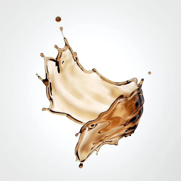 三维渲染 茶水或咖啡液体飞溅 棕色液体波浪式喷射 在白色背景上隔离的飞溅波纹艺术 — 图库照片