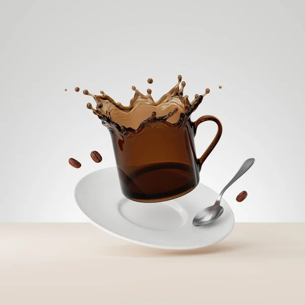 Render Caduta Tazza Caffè Nero Con Cucchiaio Argento Piattino Porcellana — Foto Stock