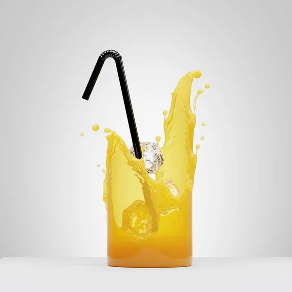 Render Salpicando Suco Laranja Dentro Vidro Invisível Com Cubos Gelo — Fotografia de Stock