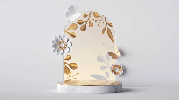 三维渲染 白色节日背景与花卉拱和空大理石讲台 用纸花和金叶装饰的空白产品展示会 — 图库照片