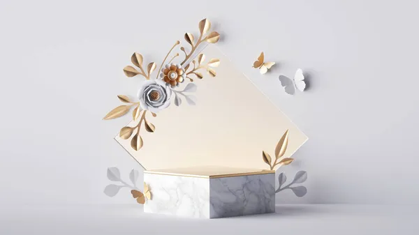 3D渲染 空舞台与正方形框架装饰黄金和白纸花 隔离在白色背景 设有空白讲台及插花布置的展台 商业产品展示模型 — 图库照片