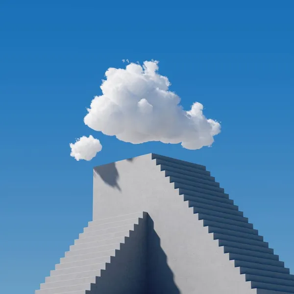 3Dレンダリングは 白い雲の階段で 高いコンクリートのピラミッドの上に 青空の下でハングします 現代の最小限のシュールな背景 挑戦の概念 晴れた日の都市の雲景 — ストック写真