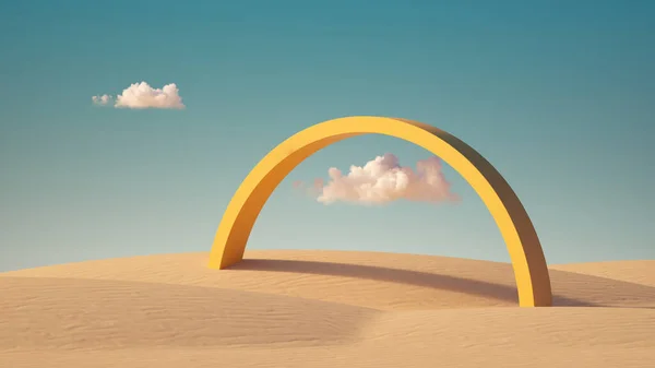 Renderen Surrealistische Woestijn Landschap Met Gele Boog Witte Wolken Aan — Stockfoto