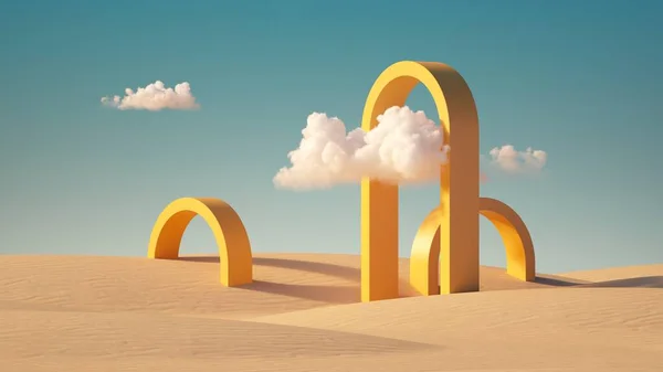 3D渲染 超现实的沙漠景观与黄色的拱门和白云在蓝天 现代最低限度的抽象背景 — 图库照片